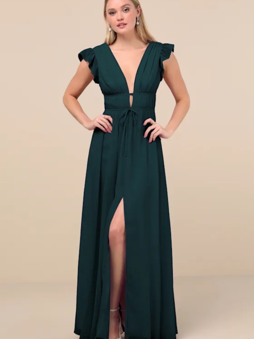 Deep Teal V-Neck Maxi Dress with Flutter Sleeves